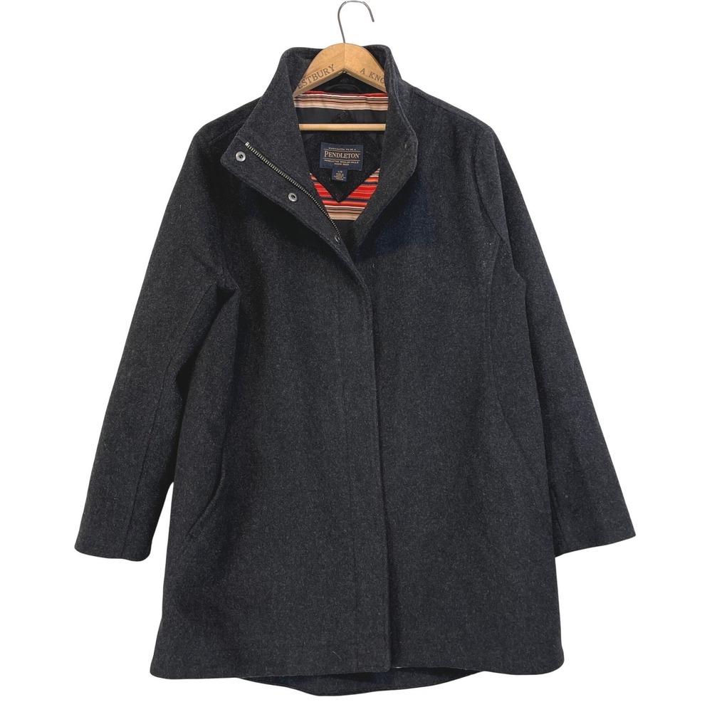 Pendleton Womens Wool Blend Coat Gray Zip Snap Front‎ Striped Lining Large